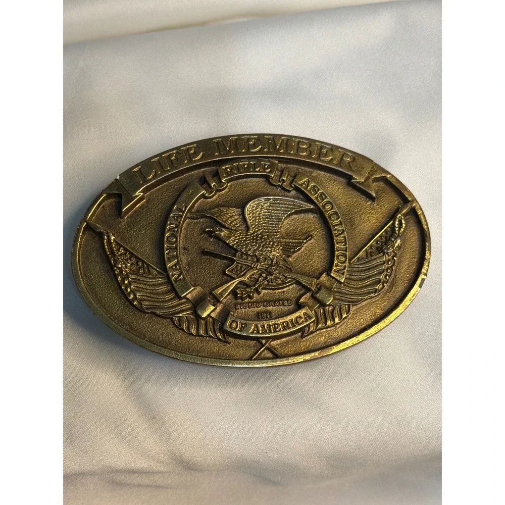 Vintage NRA Life Member Belt Buckle Brass Tone Oval Eagle Made in USA Buckle